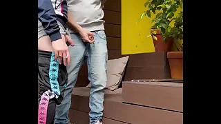 2 boys try to pee in a glass &lpar;one gets hard &rpar;